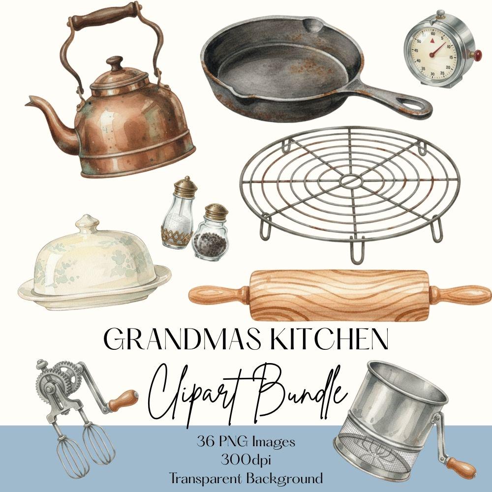 Grandma's Kitchen Clipart Set, Cozy Kitchen Clipart, Watercolor Baking PNG
