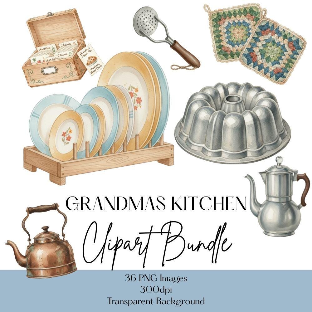 Grandma's Kitchen Clipart Set, Cozy Kitchen Clipart, Watercolor Baking PNG