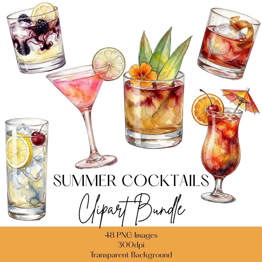 Summer Cocktails Clipart Set, Watercolor Drinks Clipart, Espresso Martini PNG