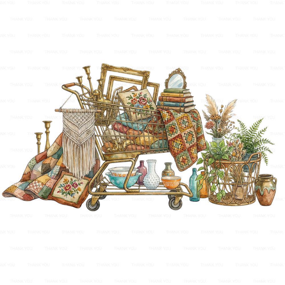 Boho Thrift Cart PNG, Thrift Store Finds Digital Design, Antique Shop PNG