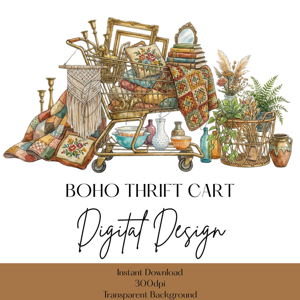 Boho Thrift Cart PNG, Thrift Store Finds Digital Design, Antique Shop PNG
