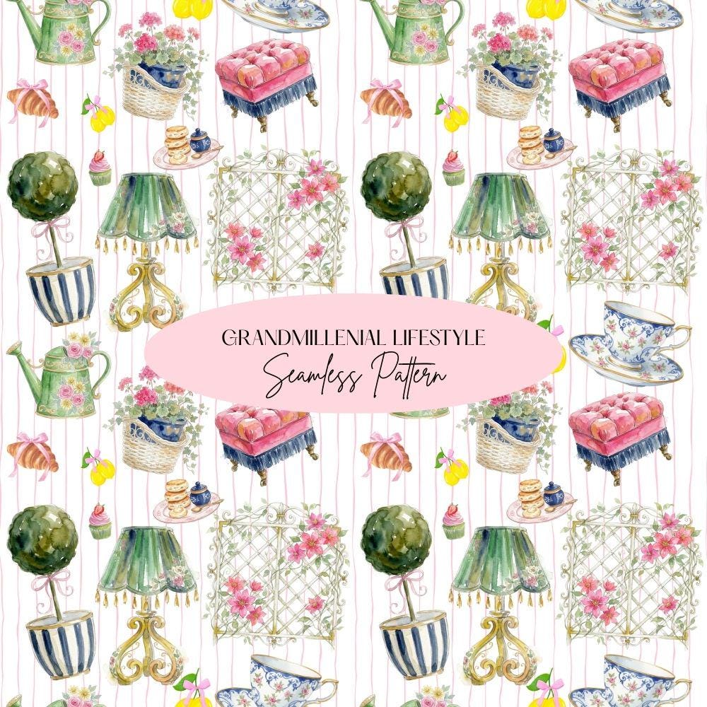 Grandmillenial Lifestyle Seamless Design, Preppy Coquette Pattern, Floral French Fabric Pattern
