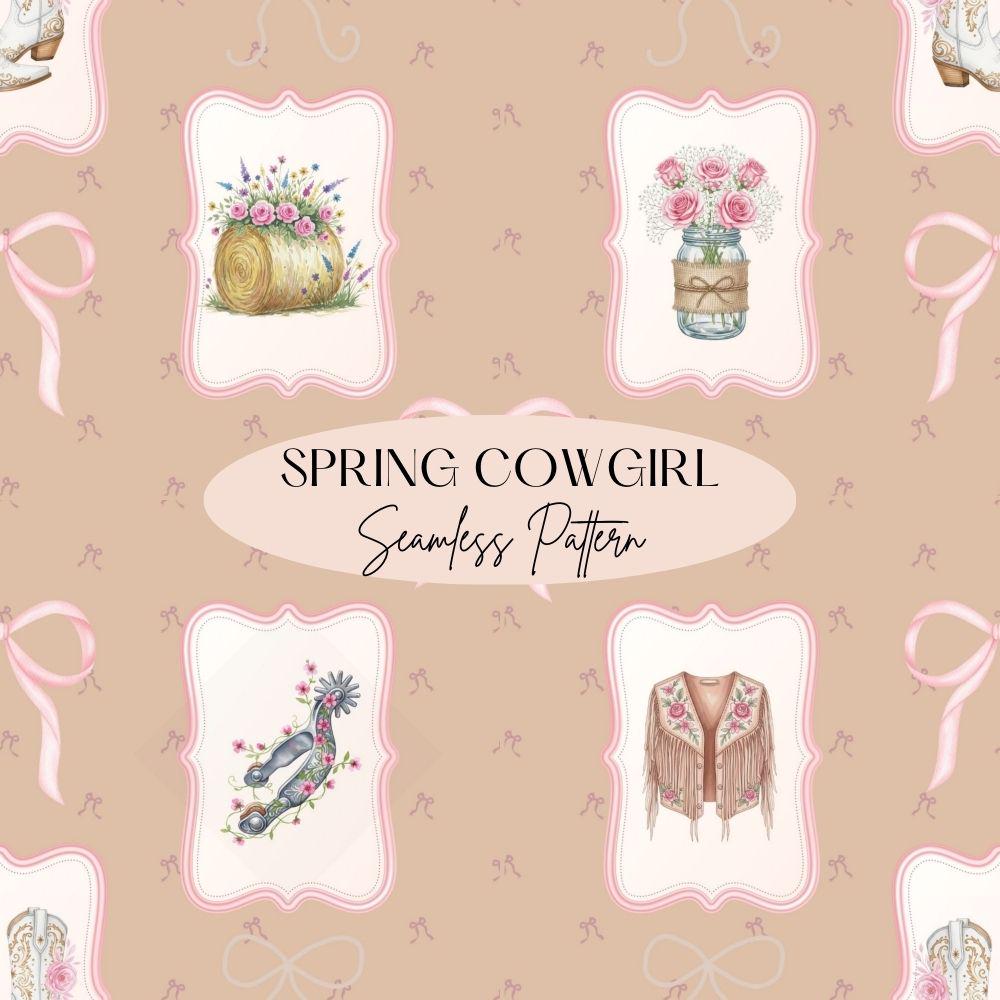 Spring Cowgirl Seamless Design, Watercolor Western Pattern, Cowgirl Coquette Seamless Pattern