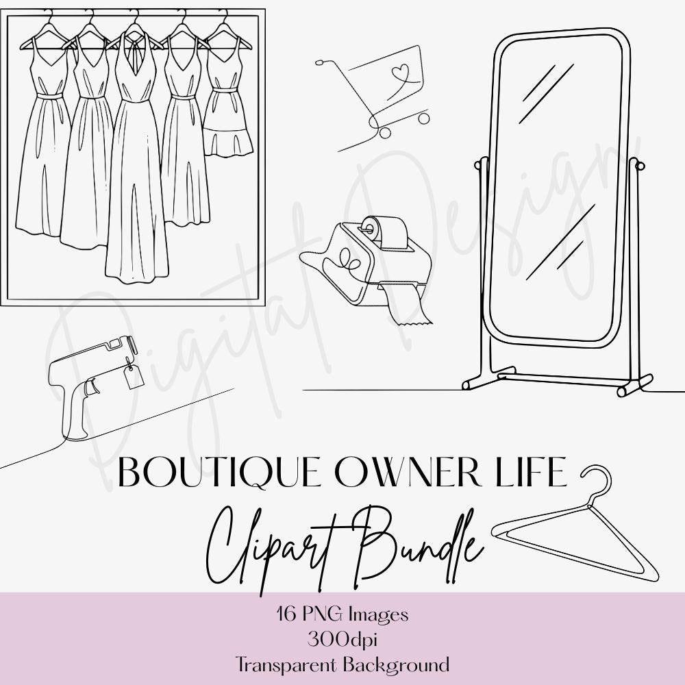 Boutique Owner Clipart Set, Clothing Store Line Art Clipart, Boutique Owner Life PNG
