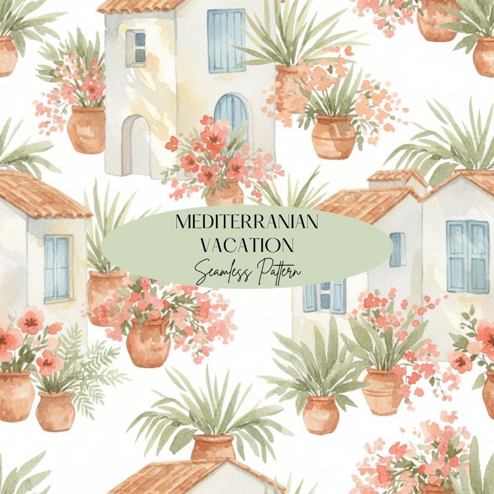 Mediterranian Vacation Seamless Design, Tropical Coast Pattern, Santorini Seamless Pattern