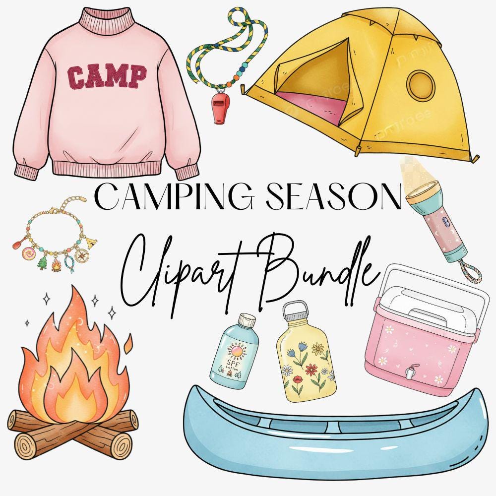 Girly Camping Clipart Set, Summer Camp PNG, Camping Clip Art PNG, Girly Summer Clipart Bundle