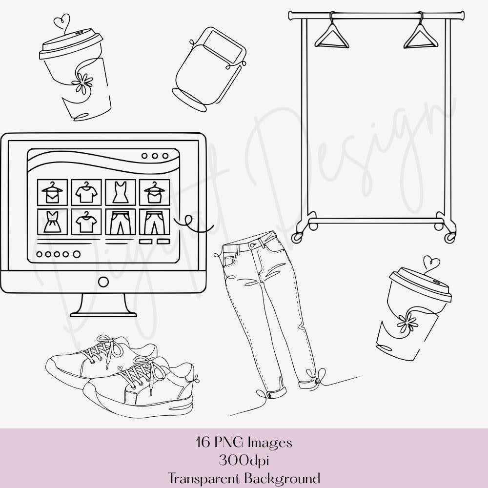 Boutique Owner Clipart Set, Clothing Store Line Art Clipart, Boutique Owner Life PNG