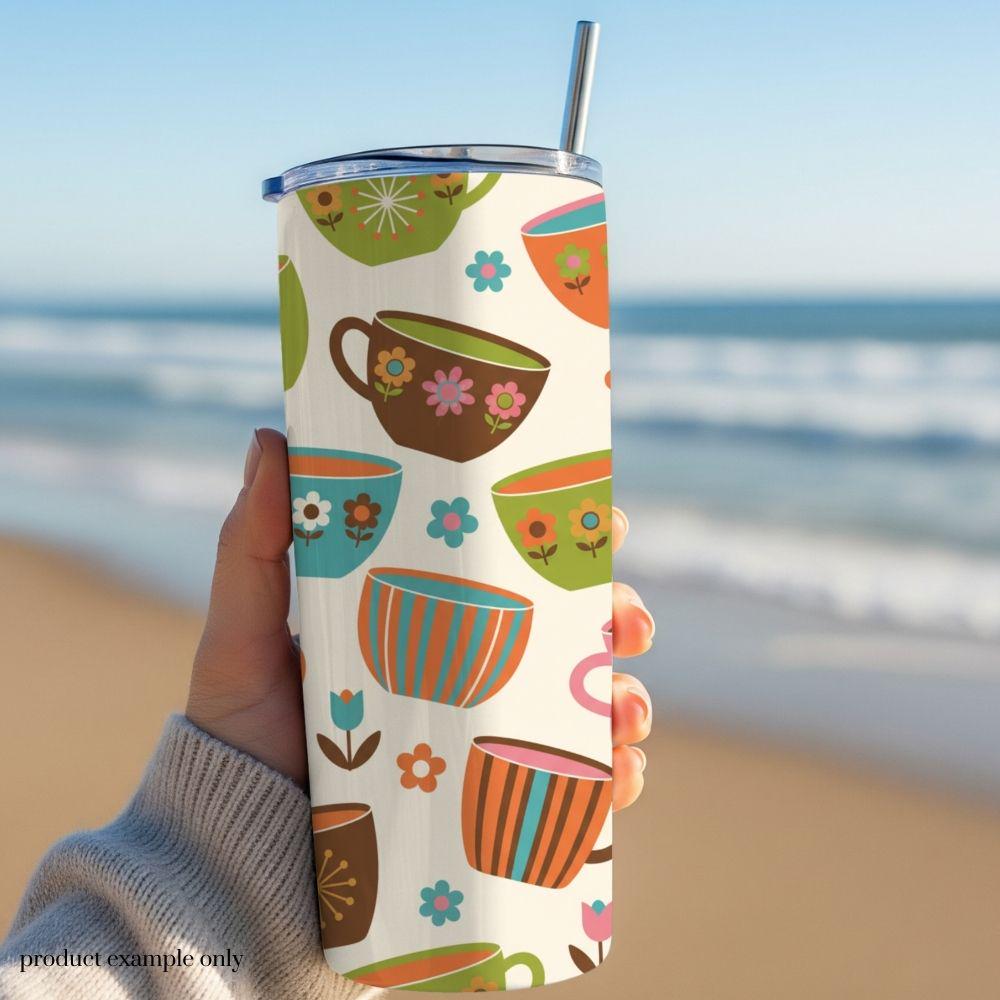 Vintage Coffee Mugs Seamless Design, Retro Repeating Pattern, Retro Maximalism Seamless Pattern