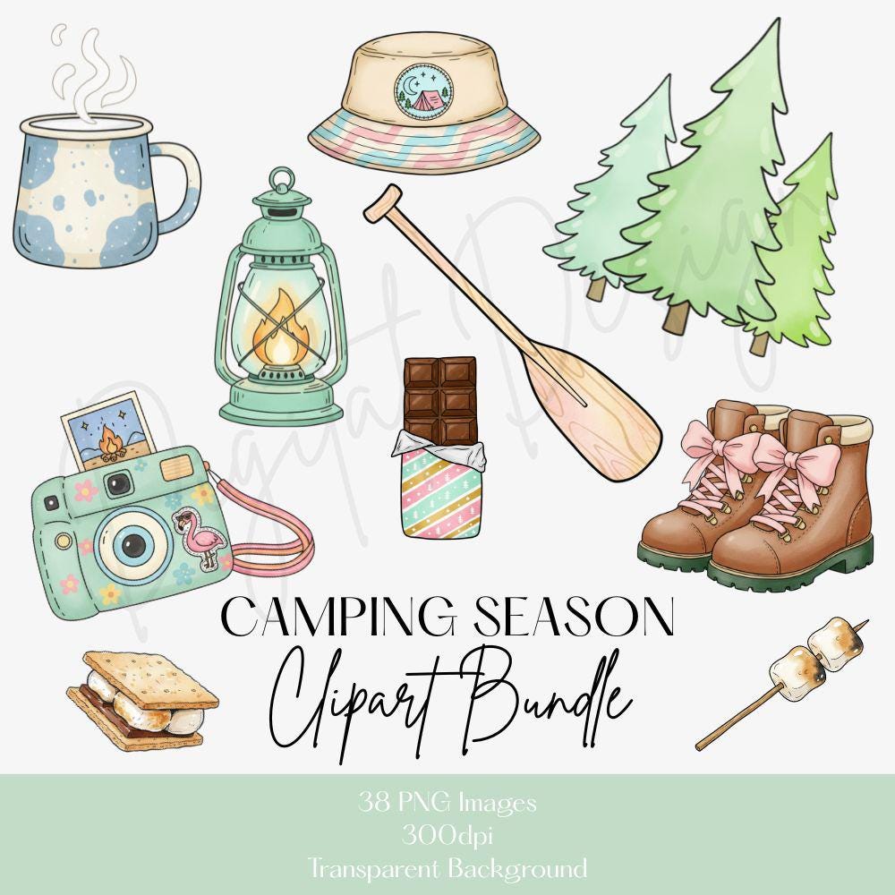 Girly Camping Clipart Set, Summer Camp PNG, Camping Clip Art PNG, Girly Summer Clipart Bundle