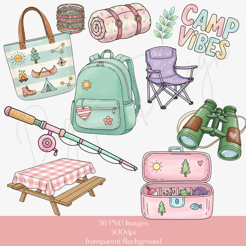 Girly Camping Clipart Set, Summer Camp PNG, Camping Clip Art PNG, Girly Summer Clipart Bundle
