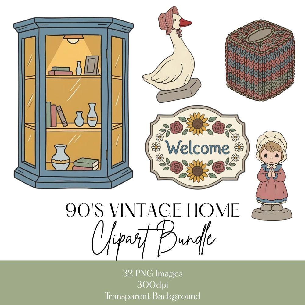 90's Vintage Items Clipart Set, Thrift Store Finds Clipart, Antique Shop PNG Bundle, 90s Vintage, Cottagecore Png