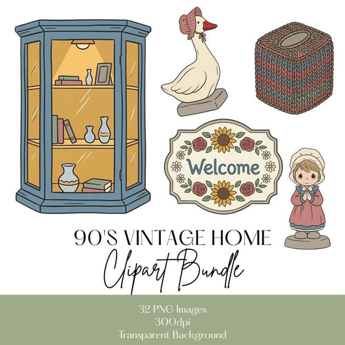 90's Vintage Items Clipart Set, Thrift Store Finds Clipart, Antique Shop PNG Bundle, 90s Vintage, Cottagecore Png