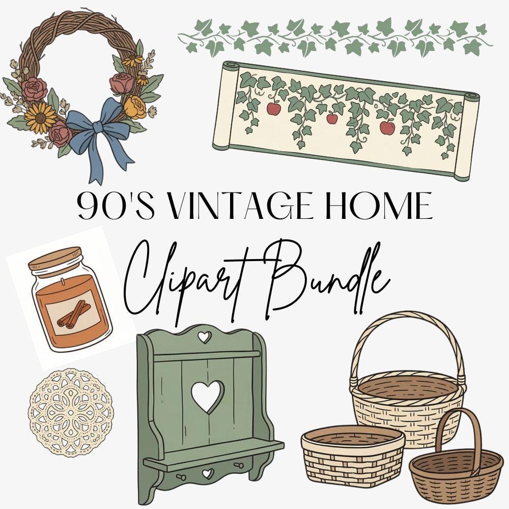 90's Vintage Items Clipart Set, Thrift Store Finds Clipart, Antique Shop PNG Bundle, 90s Vintage, Cottagecore Png