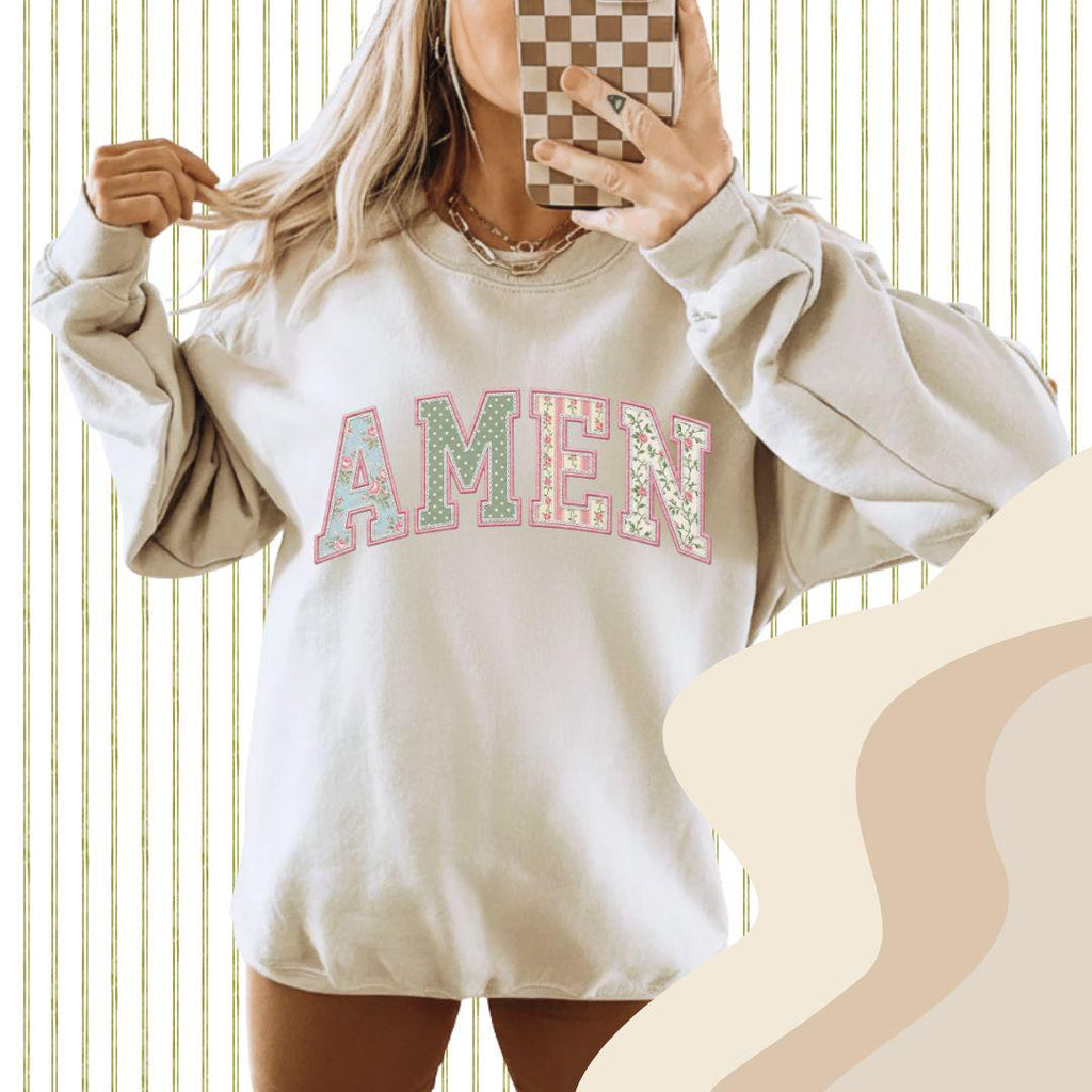 Amen PNG, Floral Varsity Spring Sublimation Design, Tshirt Design for Spring, Preppy Faith Graphic, Faux Quilted Png