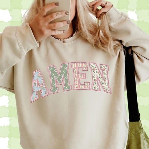 Amen PNG, Floral Varsity Spring Sublimation Design, Tshirt Design for Spring, Preppy Faith Graphic, Faux Quilted Png