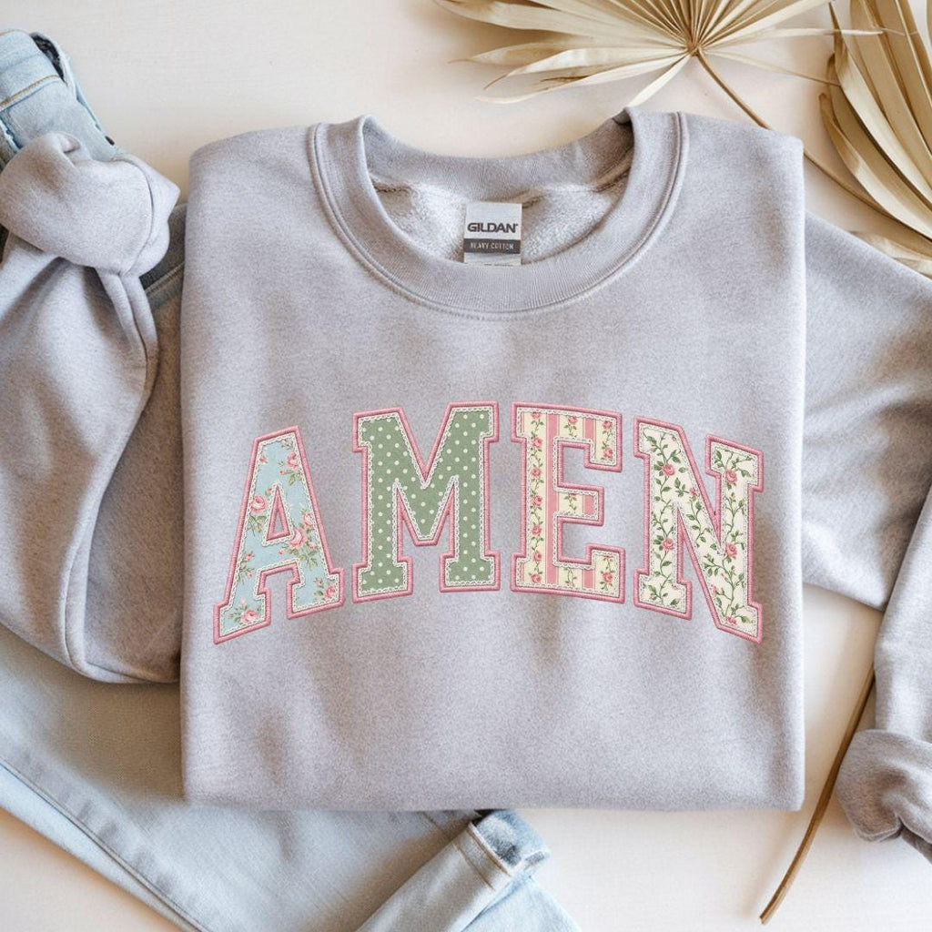 Amen PNG, Floral Varsity Spring Sublimation Design, Tshirt Design for Spring, Preppy Faith Graphic, Faux Quilted Png