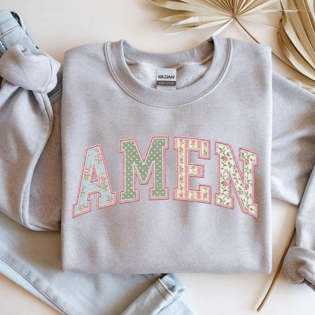 Amen PNG, Floral Varsity Spring Sublimation Design, Tshirt Design for Spring, Preppy Faith Graphic, Faux Quilted Png
