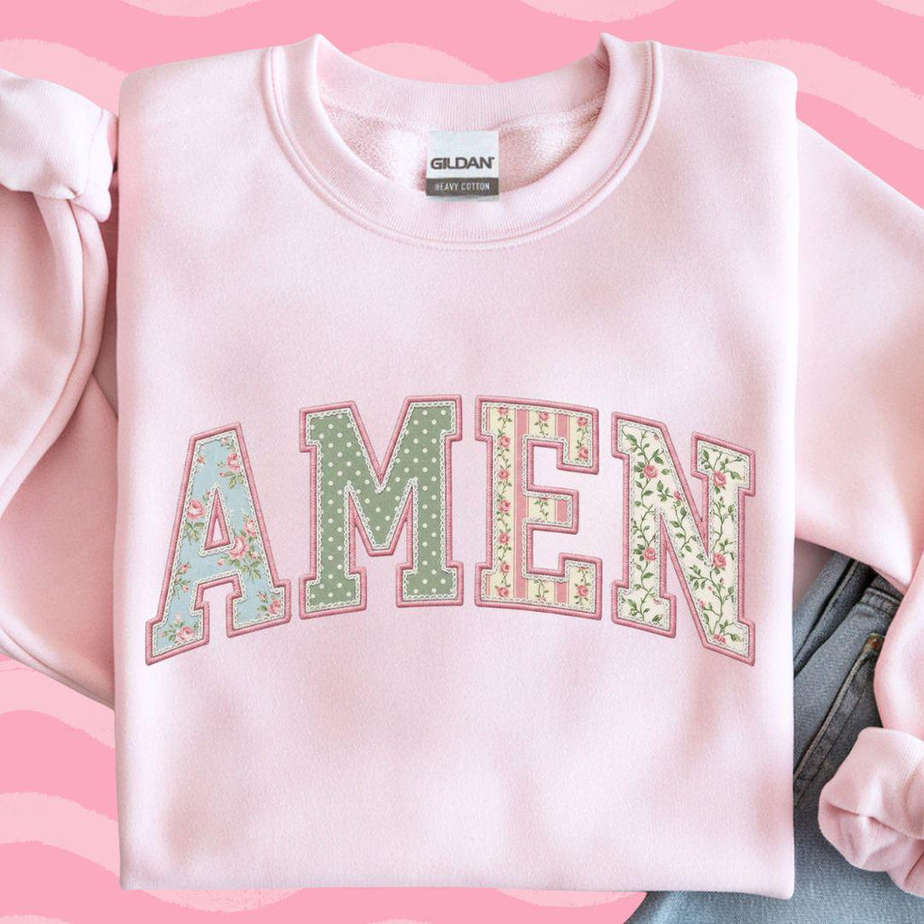 Amen PNG, Floral Varsity Spring Sublimation Design, Tshirt Design for Spring, Preppy Faith Graphic, Faux Quilted Png
