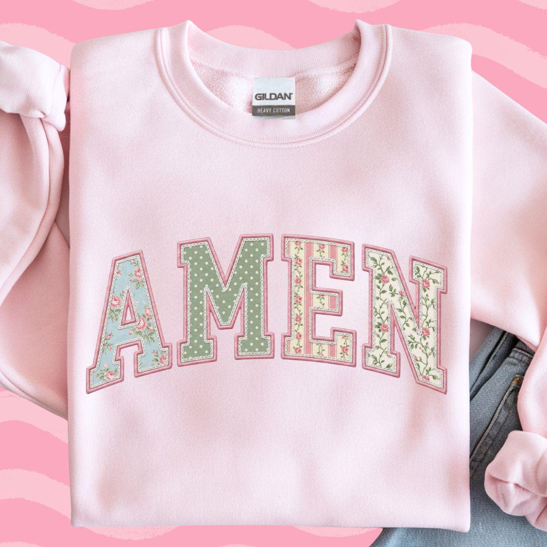 Amen PNG, Floral Varsity Spring Sublimation Design, Tshirt Design for Spring, Preppy Faith Graphic, Faux Quilted Png