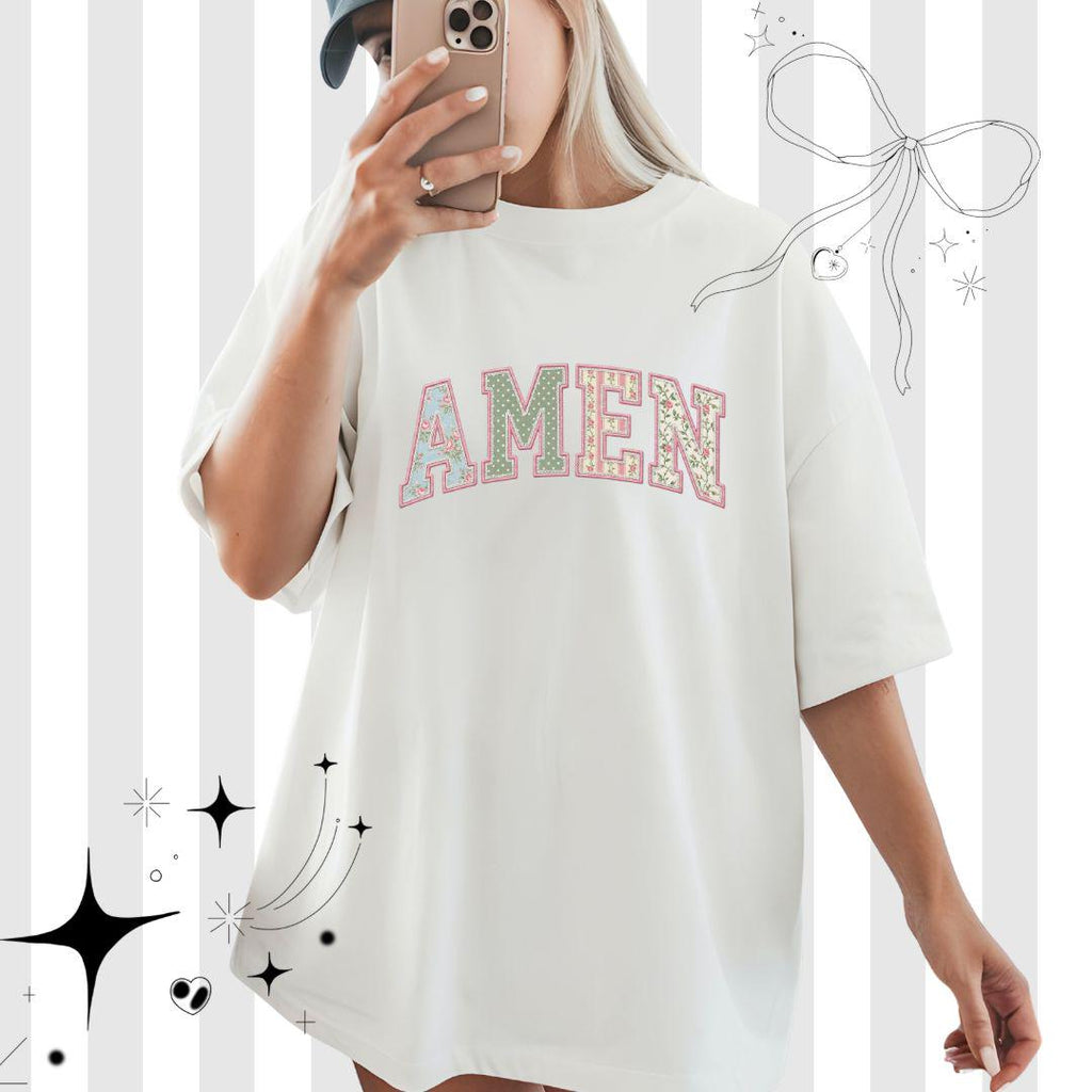 Amen PNG, Floral Varsity Spring Sublimation Design, Tshirt Design for Spring, Preppy Faith Graphic, Faux Quilted Png